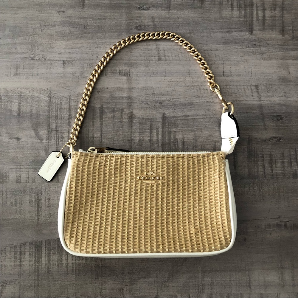 Coach Nolita 19 Pouch Raffia Woven White Leather Coral Lining Gold Chain Strap